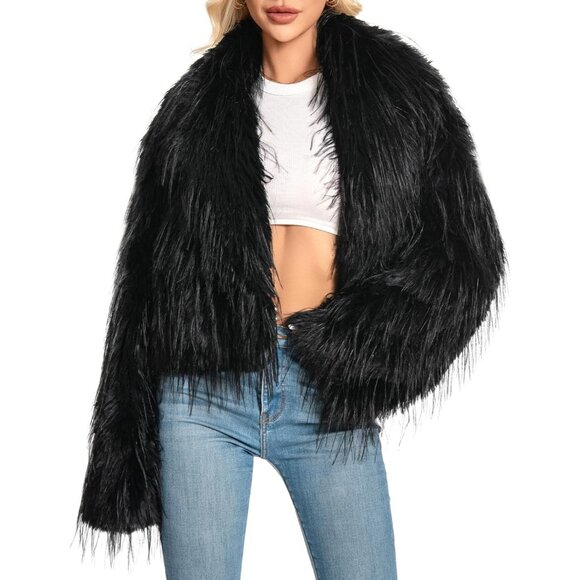 Women's Black Plus Size Faux Fur Coat Cropped Fluffy Fuzzy Jacket Fall Coat - Picture 1 of 4